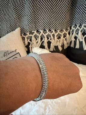 Sparkly Silver Tone Crystal Pavé Oval Hinged Bangle Bracelet with Safety Clasp